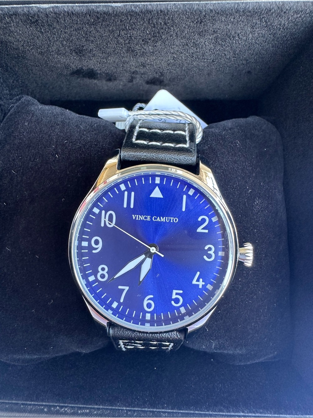Vince Camuto Men's Blue Dial Watch with Black Leather Strap and Silver Case